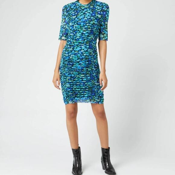 Ganni Azure Blue Floral Ruched Mesh Mini Dress Size Large/42 - Picture 2 of 9